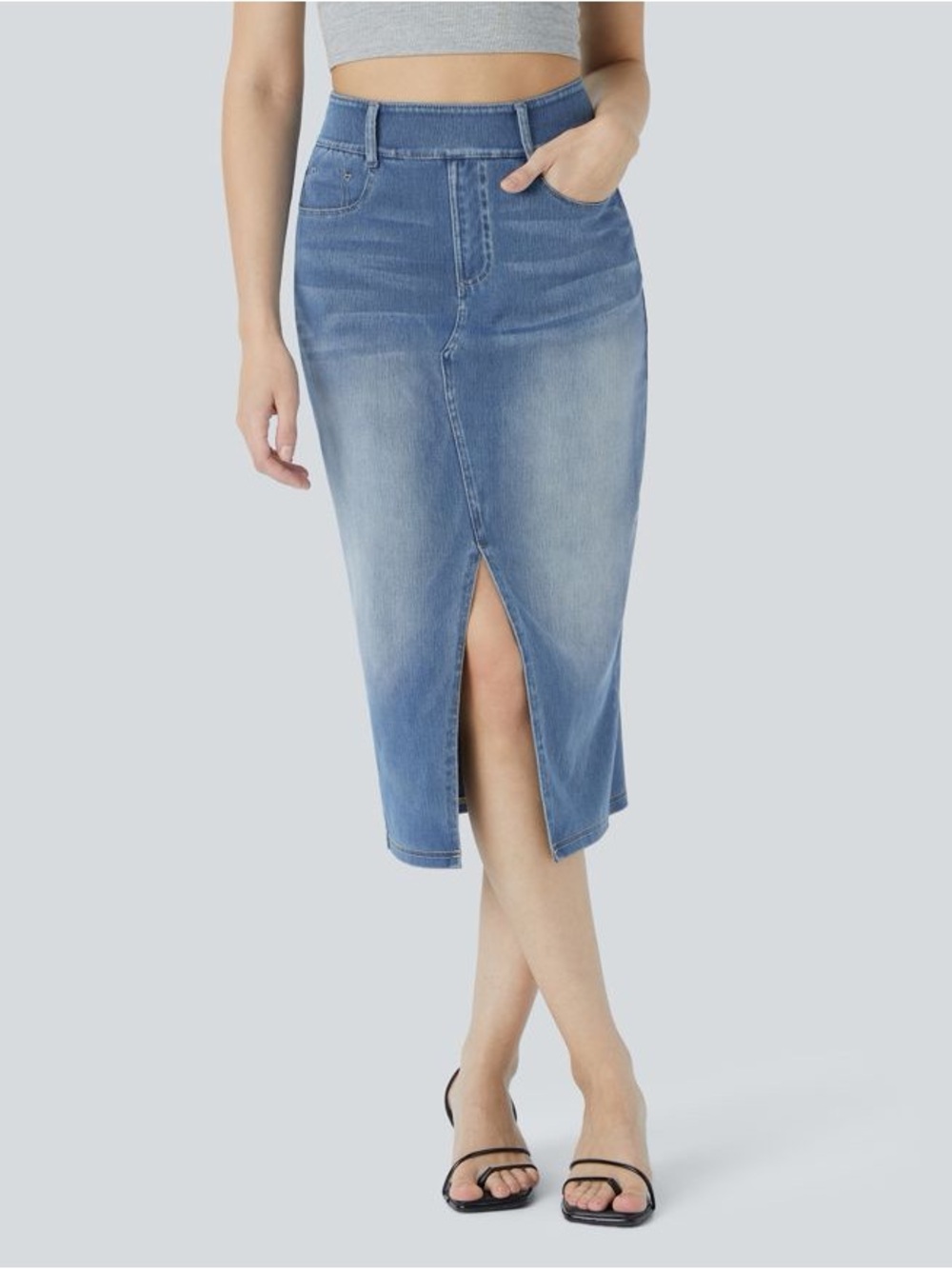 Halara Flex High Waisted Pockets Bodycon Washed Denim Casual Midi Skirt NWT